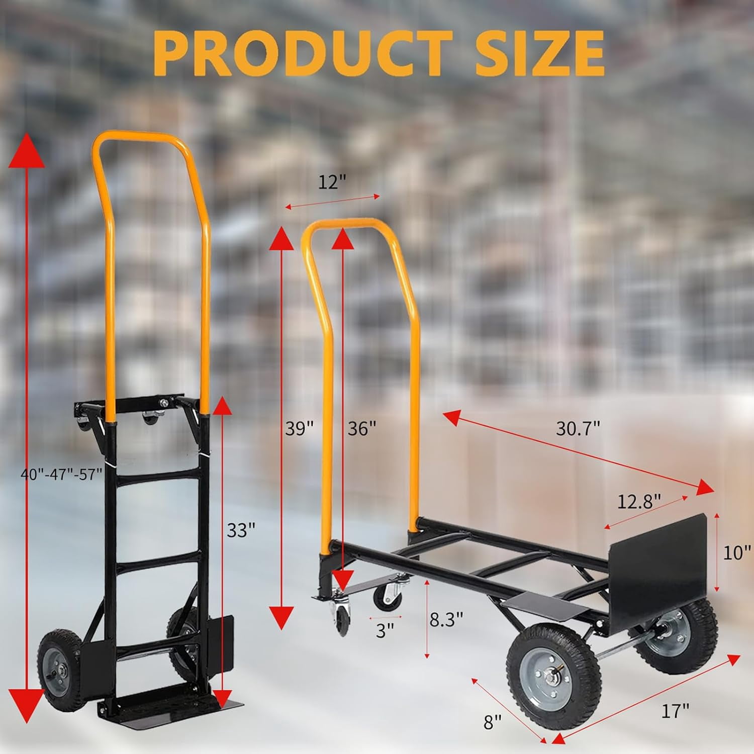 Accreate 4-Wheel Convertible Hand Truck, 2-in-1 Platform Dolly with Solid Tires, Functions as 2-Wheel Dolly Cart or 4-Wheel Push Cart for Moving in Warehouse, Garden, or Grocery