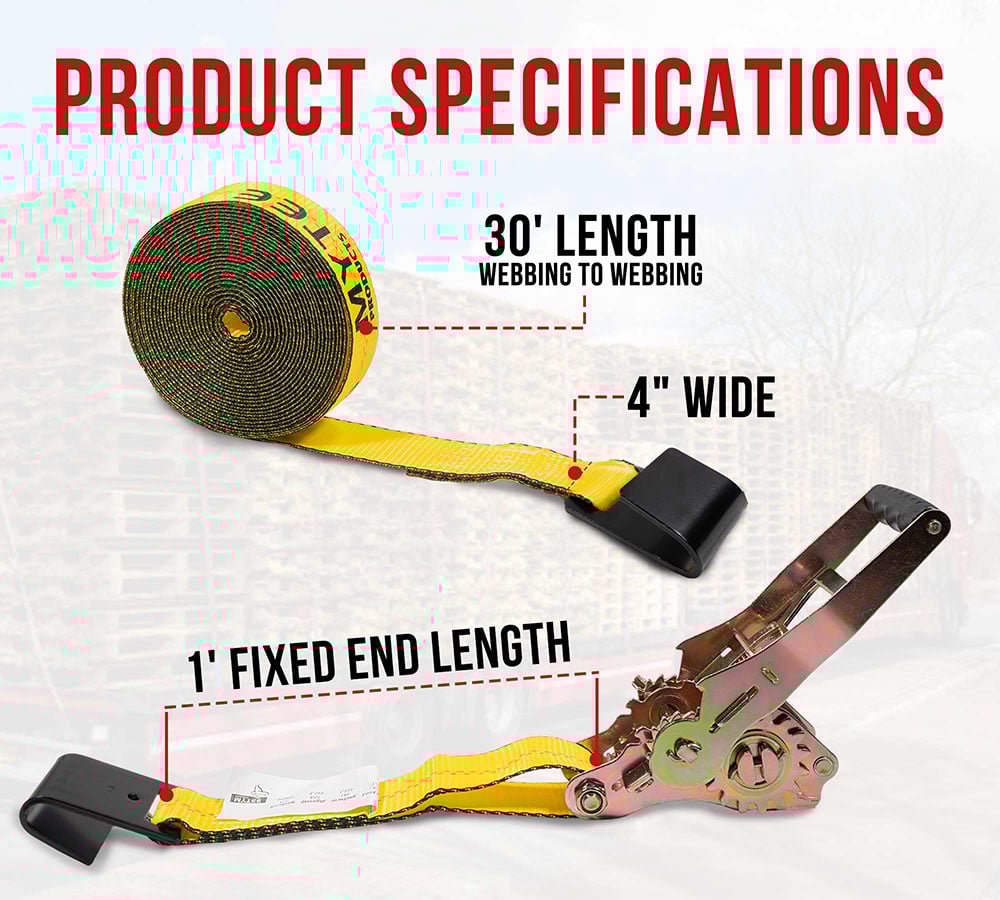 thumbnail image 6 of 8 Pack 4" x30' Self-Tensioning Ratchet Tie Down Straps with Flat Hooks - 5,400 Lbs WLL - Heavy Duty Tie Down Ratchet Straps for Flatbed, Truck, Trailers, Cargo, Pickup - Yellow, 6 of 14