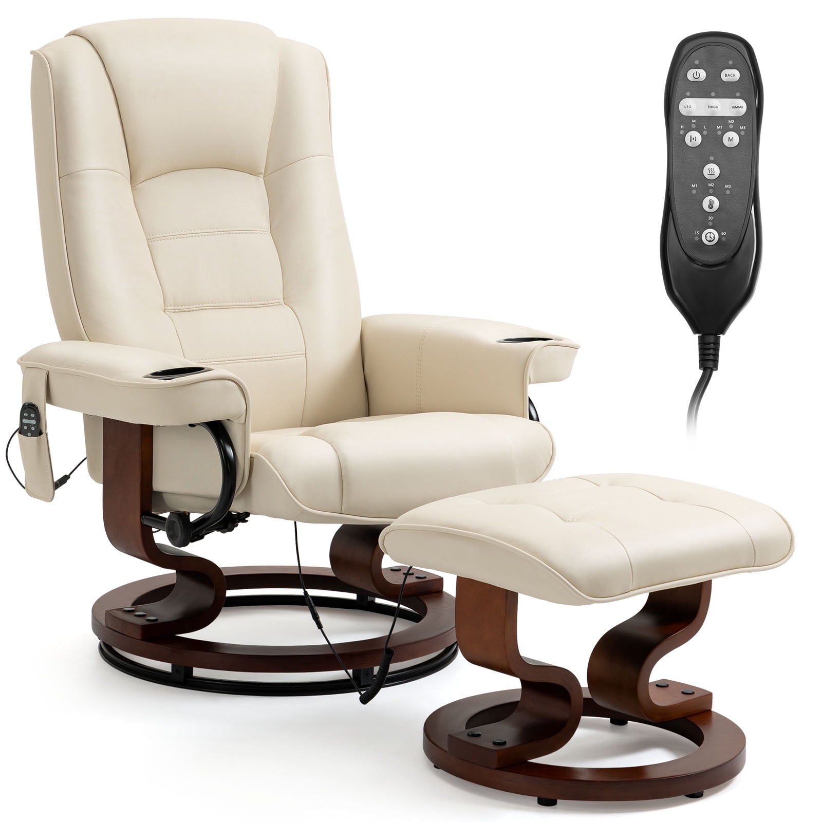 AVAWING Massage Recliner Chair with Ottoman, 360° Swivel PU Leather Reclining Chair, Beige