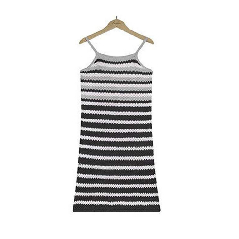BLVB Women's Crochet Knit Summer Dresses Striped Spaghetti Strap Cami Dress  Casual Slim Beach Vacation Mini Dress - Walmart.com