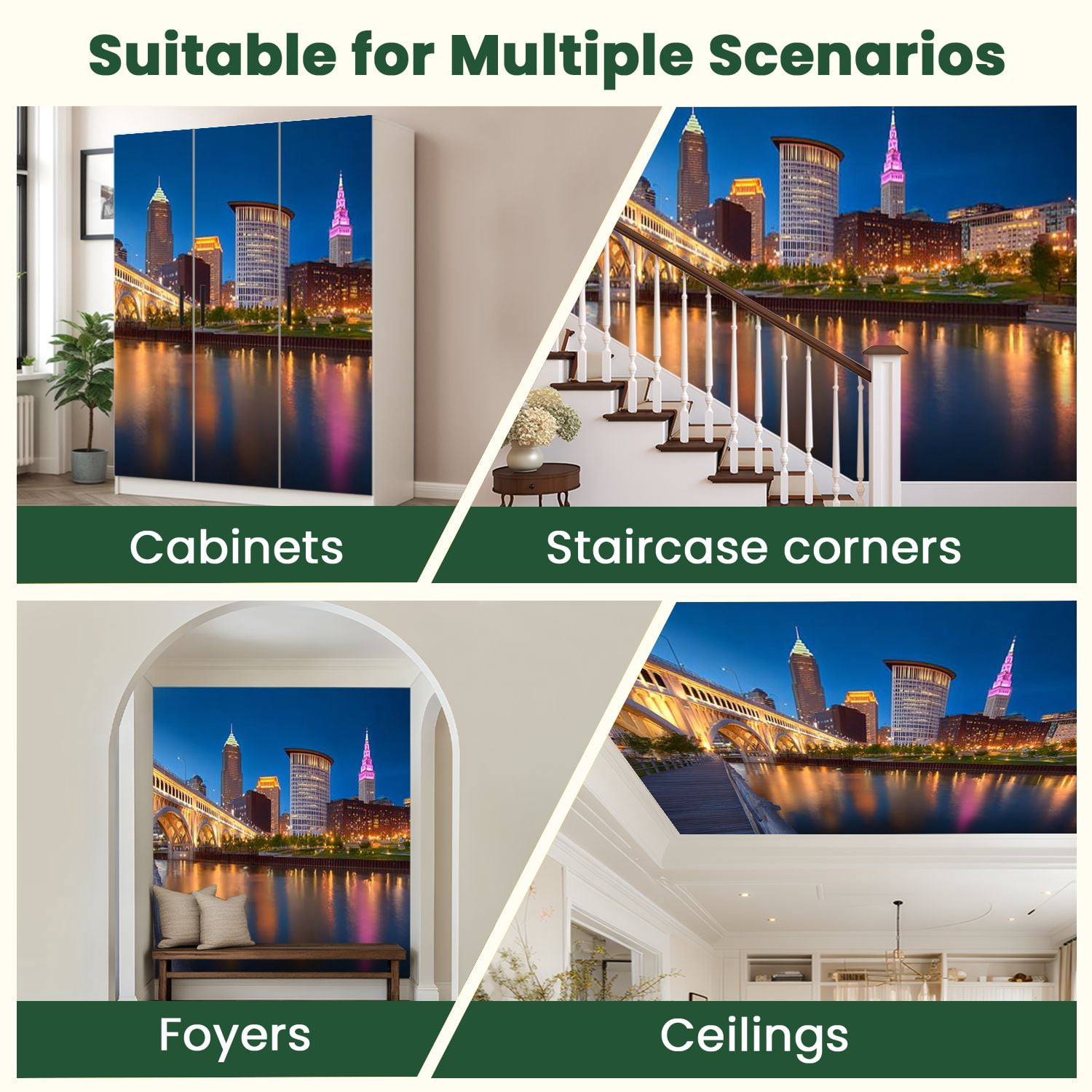 Peel and Stick Wallpaper Night time photo downtown Clevelands skyline Modern Art Wall Mural Decor Self Adhesive and Removable 100in x 144in