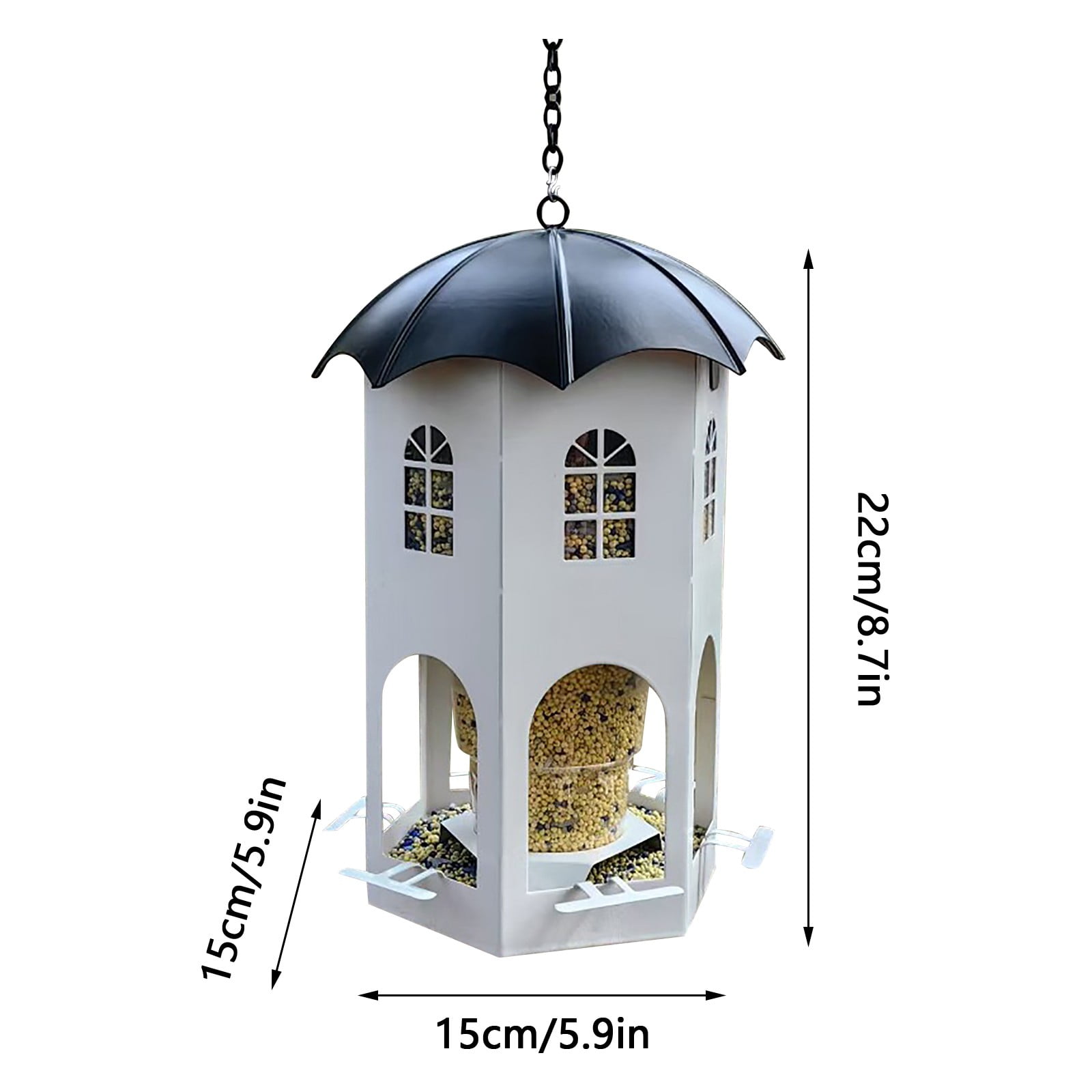 Metal Bird Feeder for Outdoor Hanging Wild Bird Feeders with Circular Perch Easy to Clean & Refill Large Seed Capacity Bird Feeders for Outdoors Hanging 9" White Castle Bird Feeder Outdoor Garden