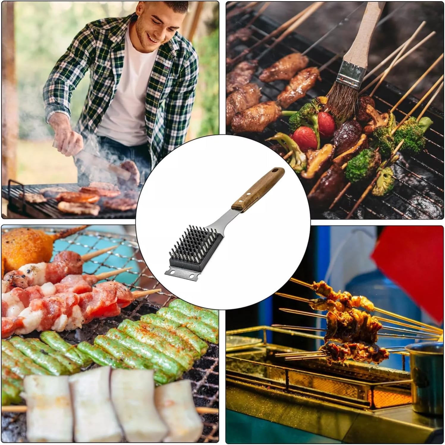ABPETE Barbecue Grill Brush and Stainless Steel Scraper Scraper Extended Large,Large Wooden Handle, Wire BBQ Grill Brush for Outdoor Grill - No Scratch- BBQ Grill Brush for Any Grill