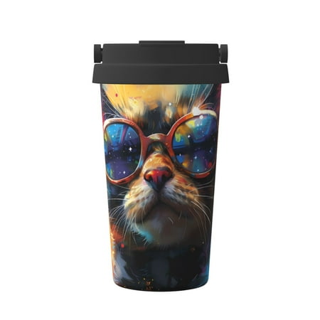 

Qekee Cool Cat With Sunglasses Print Insulated Coffee Mug Coffee Tumbler Cup Thermos Mug Water Bottle with Handle & Flip