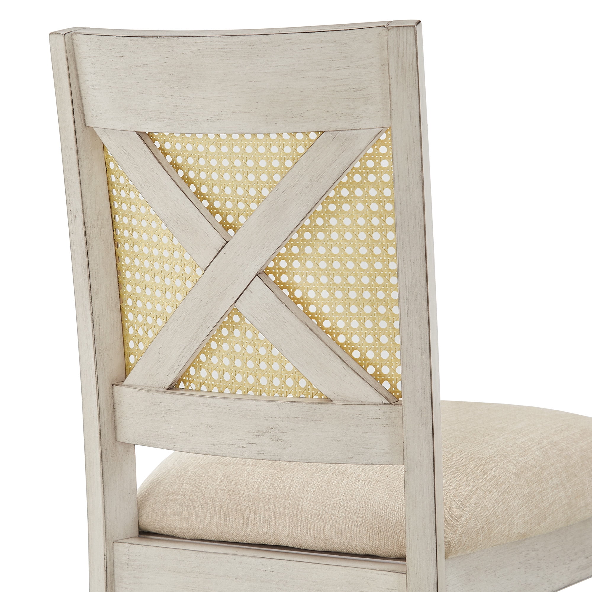 Weston Home Pulukan Cane Accent x-Back Counter Height Chair (Set of 2), Antique White Finish, Beige Linen