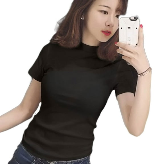 Women Short Sleeve Mock Turtleneck for T Shirt Plain Solid Color Slim Pullover T