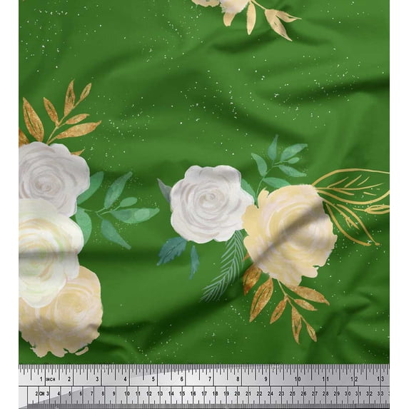 Soimoi Green Poly Georgette Fabric Leaves & Faith Rose Floral Print Sewing Fabric Yard 42 Inch Wide