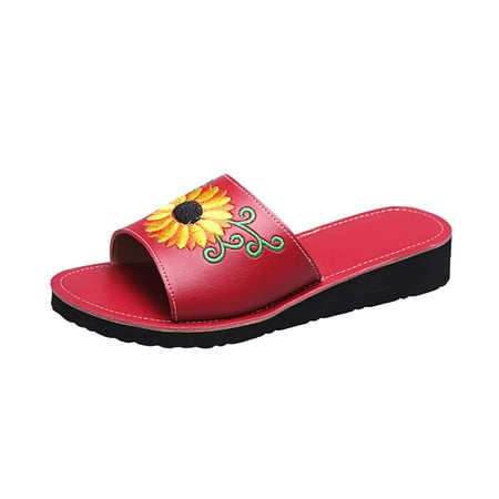 

Honeeladyy Clearance under 10$ Womens Floral Embroidered Wedge Sandals Summer Comfort Platform Bohemia Beach Shoes Casual Slip On Lightweight Sunflower Embr
