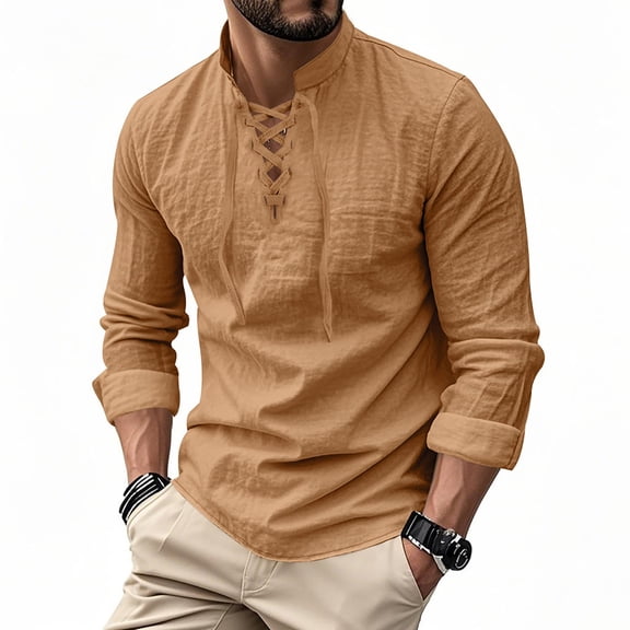 RUTAYY Men's Shirts Casual Fashion Solid Color Long Sleeve with Drawstring Stand Collar Stylish Tops Work Holiday Blouse