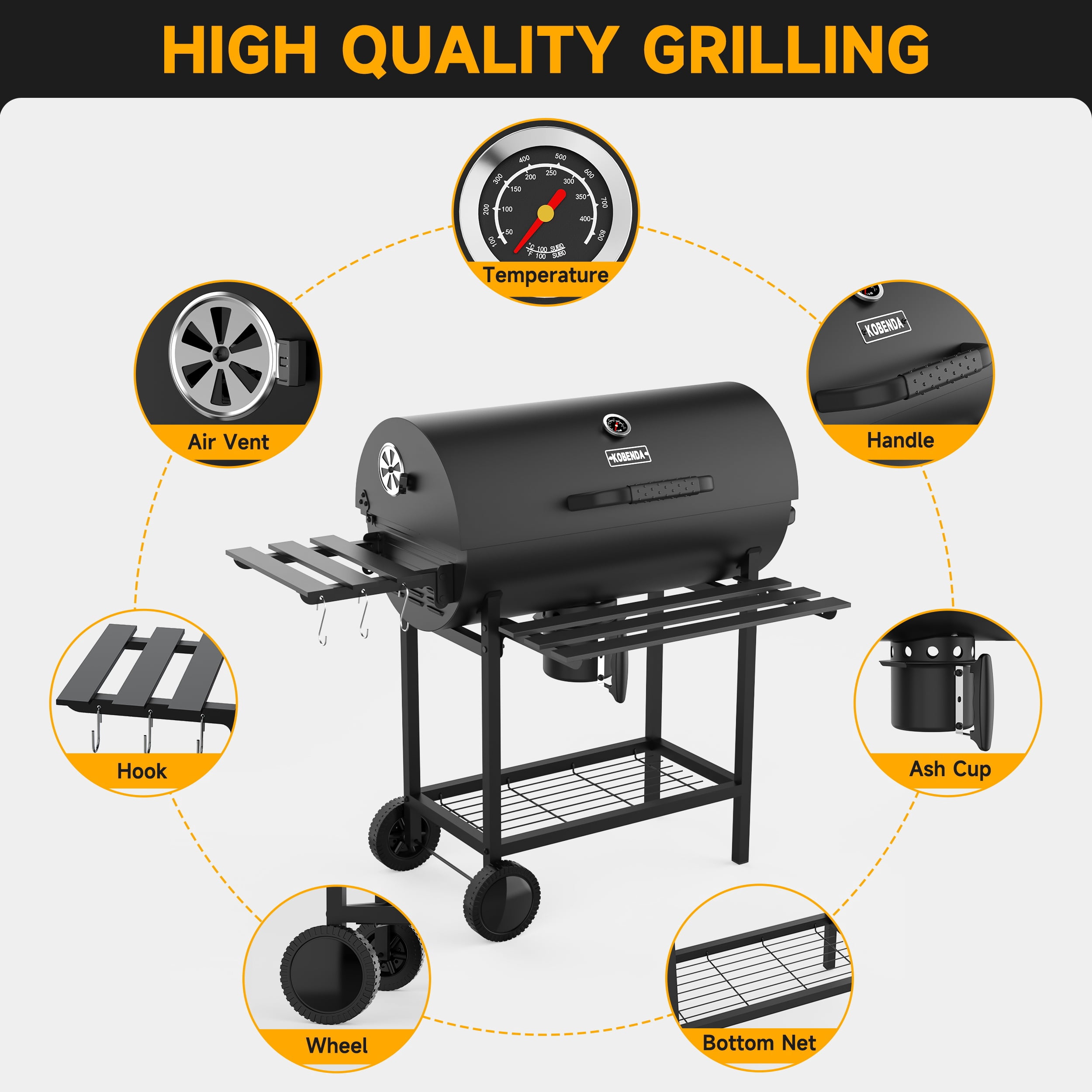 KOBENDA 29" Barrel Charcoal Grill with Foldable Side Table & Removable Ashtray for Backyard, Black