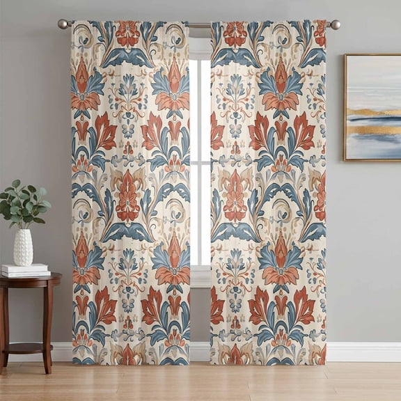Boho Floral Semi Sheer Curtains 72 Inch Length 2 Panels Set, Farmhouse Vintage Red Blue Flower Plant Sheer Kitchen Curtain Privacy Voile Window Curtain for Living Room Bedroom Rod Pocket Drapes