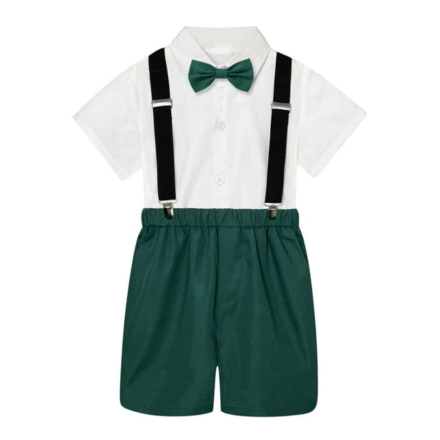 PMVFHDE Boys' British-Style Summer Suit Short Sleeve Shirt with Suspenders Shorts & Bow Tie - Kids Formal Performance Costume for Weddings & Role Play Dark Green-1,2-3