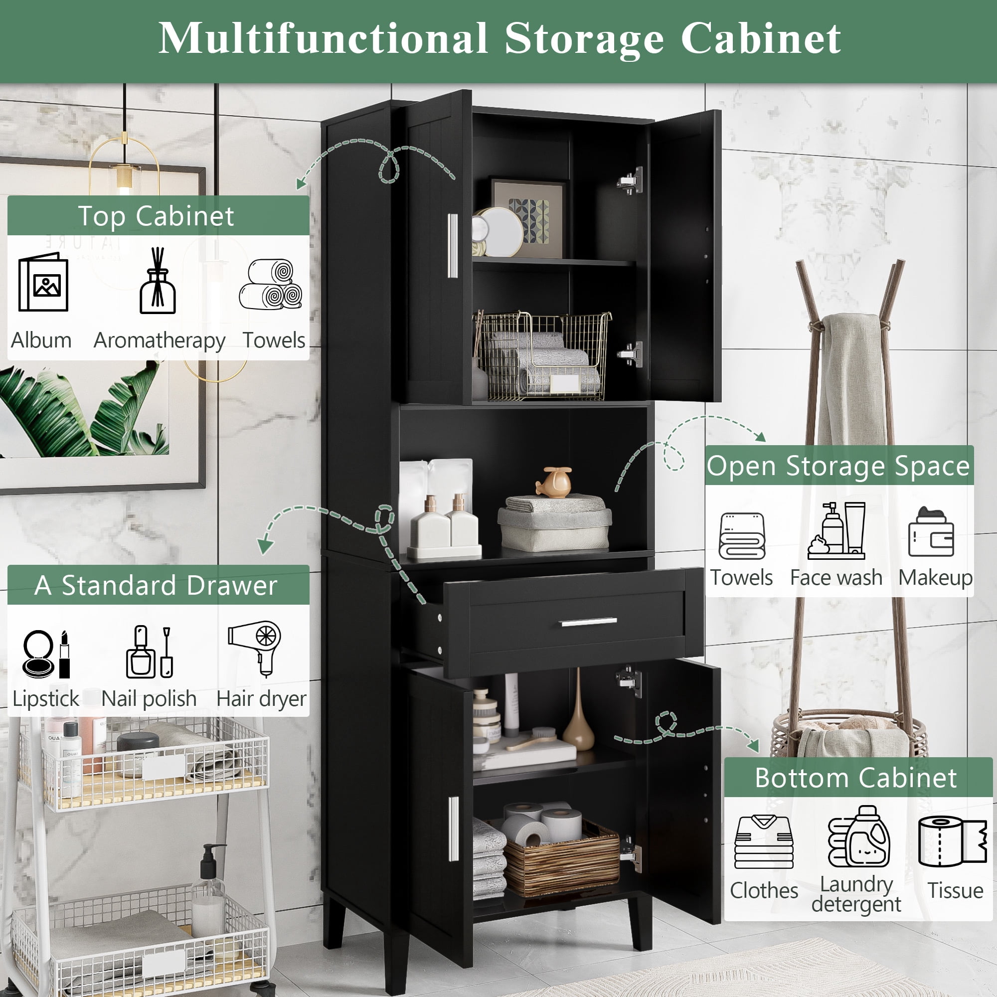 Pusnapku 70" Tall Storage Cabinet, Wood Pantry Cabinet with 4 Doors, Drawer, Adjustable Shelves, Narrow Bathroom Closet for Kitchen, Laundry Room