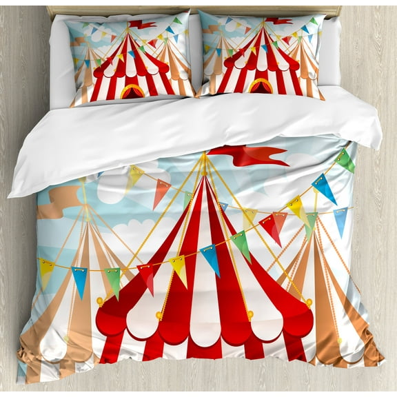 Circus Duvet Cover Set, Circus Stripes Sunshines Through Cloudy Sky Traditional Performing Arts Theme, Decorative 3 Piece Bedding Set with 2 Pillow Shams, Calking Size, Blue White Red, by Ambesonne