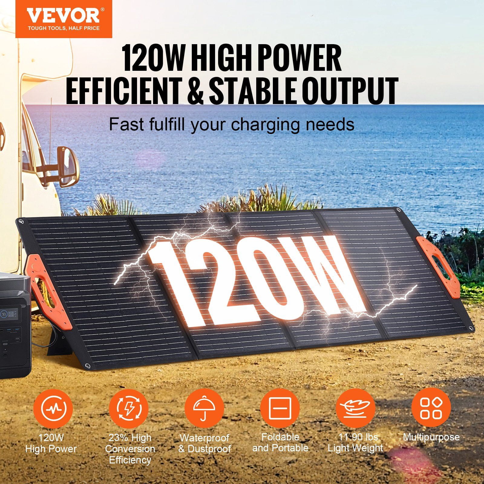 Foldable 120W Monocrystalline Solar Panel, High Efficiency 23% ETFE Charger, USB QC3.0 & Type C, IP67 for RV, Home, Outdoor