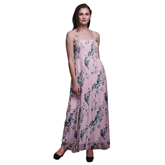 Bimba Blossom & Robin Bird Printed Women Georgette Smocked Strap Dress-Large