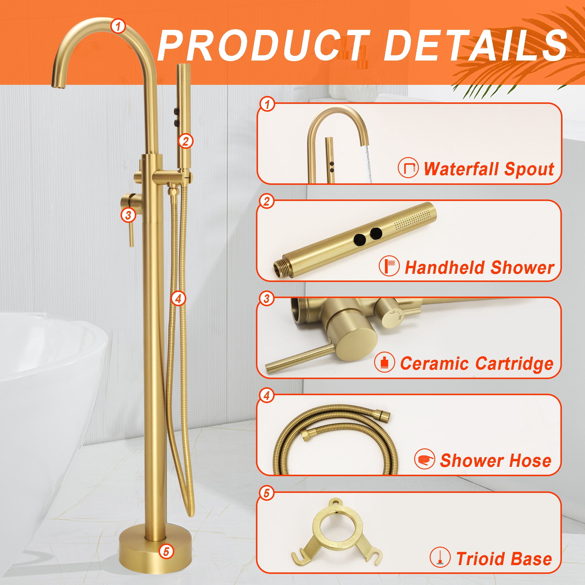 SUNRINX Freestanding Tub Faucet, 2-Handle Freestanding Tub Faucets with Brass Two-Function Handshower, Max 6 GPM Floor Mount Tub Filler Bathtub Faucet with 360° Swivel Spout, Brushed Brass