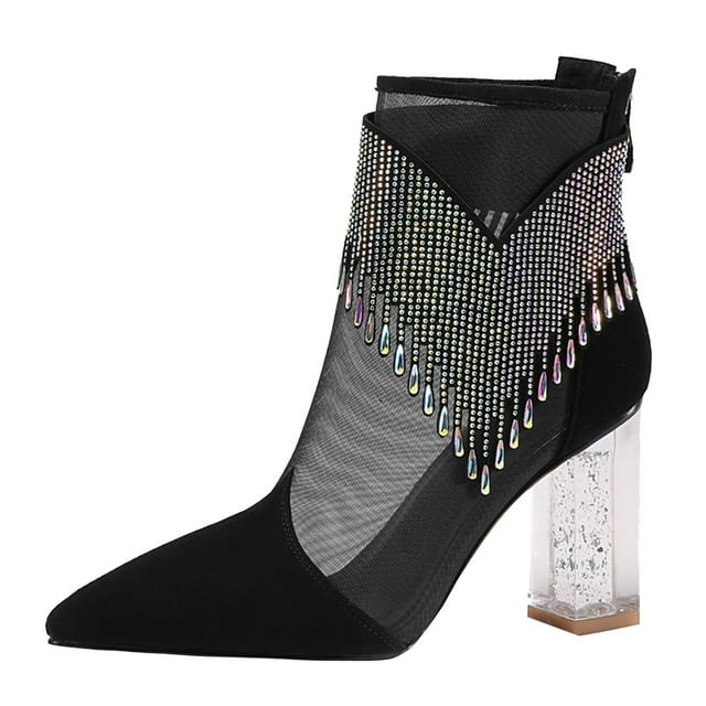HBFAGFB Womens Fall Shoes Fashion Pointed Toe with Rhinestone Tassel High Heel Ankle Boots Black Size 40