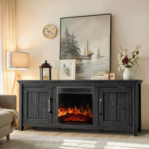 CHITOOMA Fireplace TV Stand with 2 Barn Doors and Storage Cabinets for TV up to 75 inch, Entertainment Center Console Table, Media Furniture for Living Room, Gray Wash