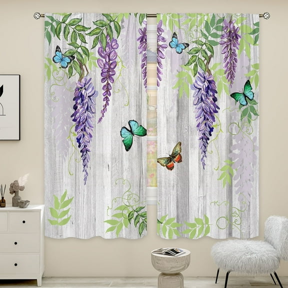 WNOOHIY Wood Grain Artistic Floral And Butterfly Light-filtering Curtains for Youngsters Living Room Bedroom,Set of 2 Panels