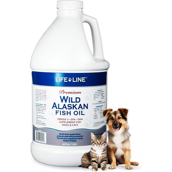 Life Line Pet Nutrition Wild Alaskan Fish Oil Omega-3 Supplement for Skin & Coat – Supports Brain, Eye & Heart Health in Dogs & Cats, 66oz