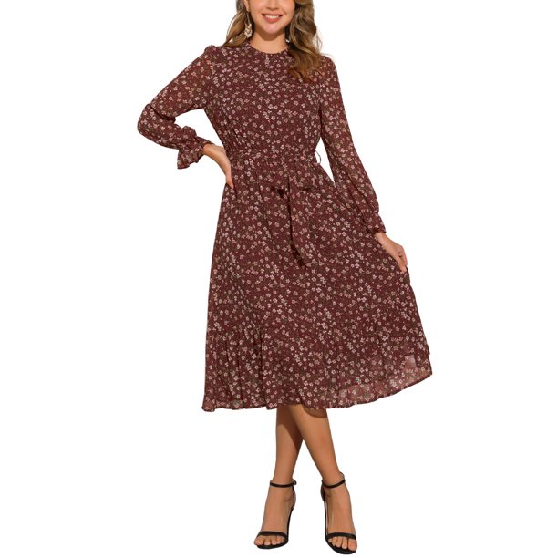 Vestido de mujer Inspire Chic con cuello simulado, volantes, mangas largas, fluido, de gasa, corte A, midi, color rojo vino, talla XL