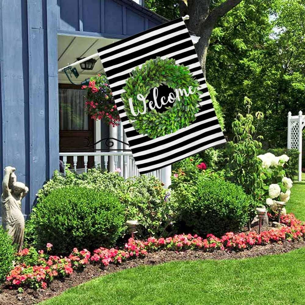 Boxwood Wreath Welcome House Flag 28 x 40 Inch Large Vertical Double Sided Black and White Stripes Background Seasonal Outside Décor for Garden Yard Farmhouse Flags