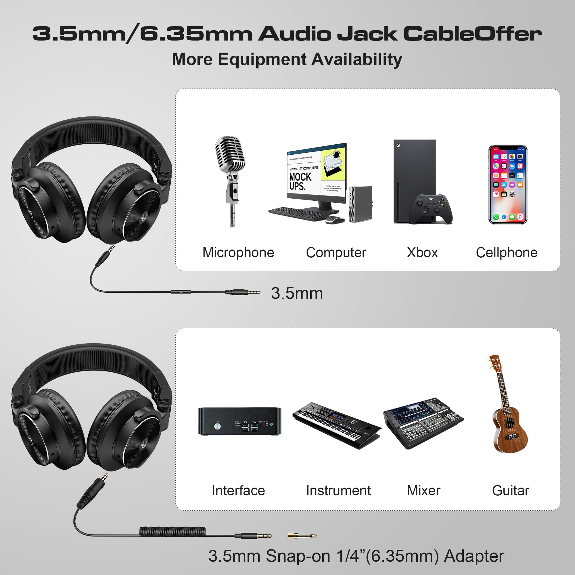 Pupgsis Wired Headphones, 40kHz High-Resolution DJ Stereo Headphones with 1/4" & 3.5mm Audio Jacks, Ideal for Recording, Mixing and Podcast Production