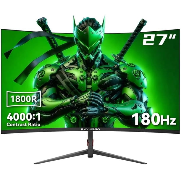 Raywego Monitor De Juegos Curvo De 27 Pulgadas 180 Hz Full Hd 1080P 1800R Pantalla De Monitor De Computadora Con Freesync Y Eye-Care Relación De Contraste 4000:1 Soporte Vesa Dp Puerto Hdmi Para Juego