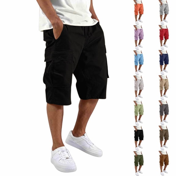 Domuza Cargo Shorts for Men Casual Summer Hiking Pants Drawstring Elastic Waist Big and Tall Knee Length Multi-Pockets Bermuda Shorts Black S
