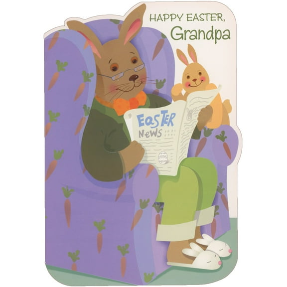 Designer Greetings Rabbit and Small Bunny Reading News on Purple Chair Juvenile Easter Card for Grandpa