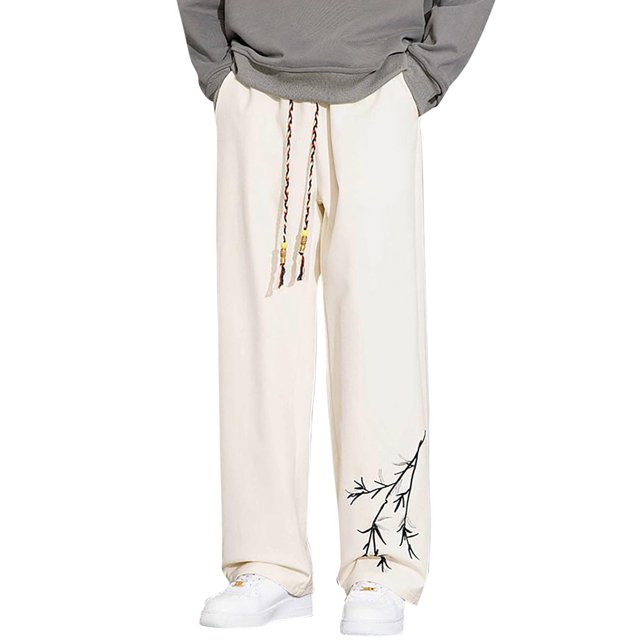 Zszcpp Wide Leg Pants Men'S Spring Autumn Embroidered Baggy Fit Sweat Straight Leg Long Trousers Casual Trouser