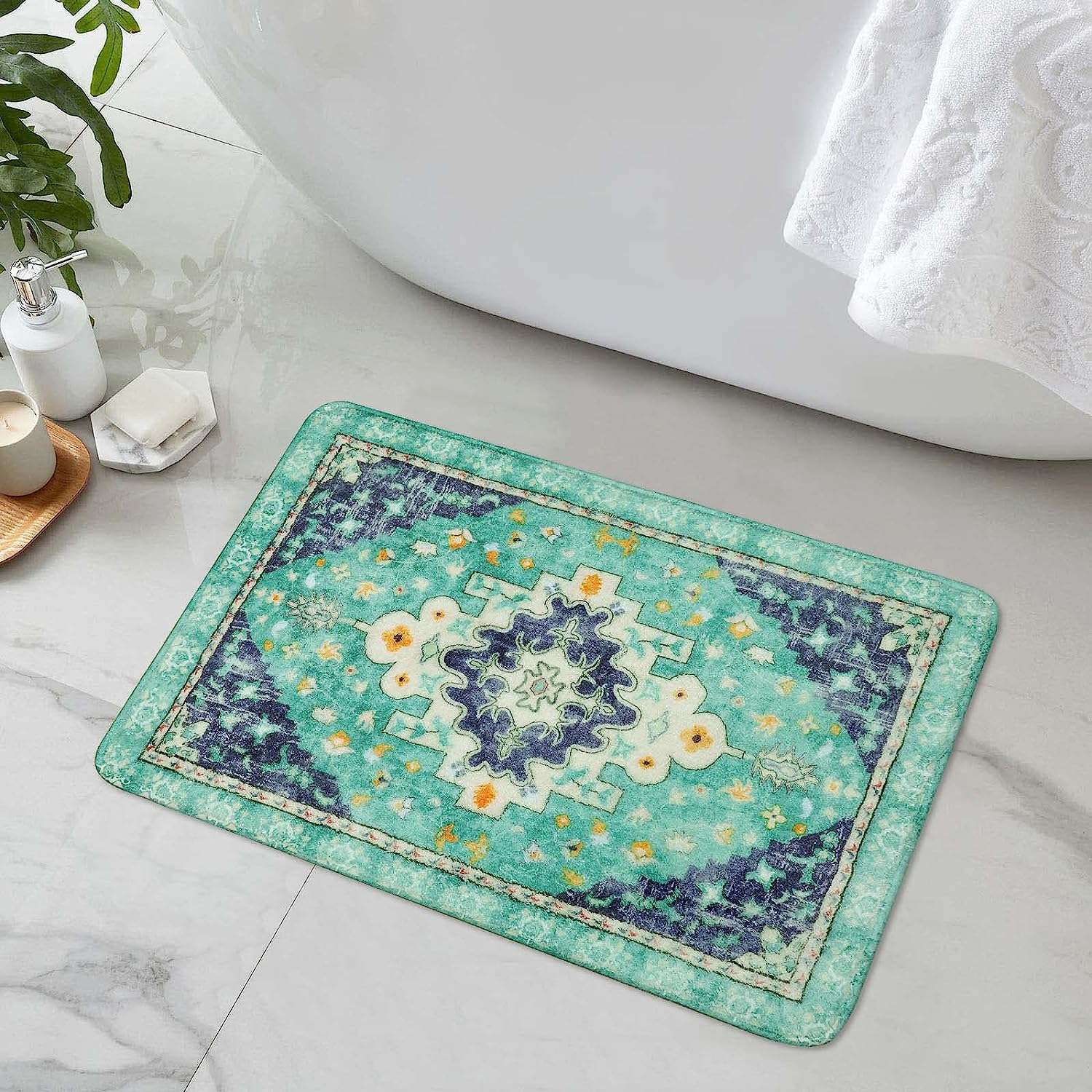 Boho Retro Bathroom Rugs Green NonSlip Soft Bath Mat Machine Washable