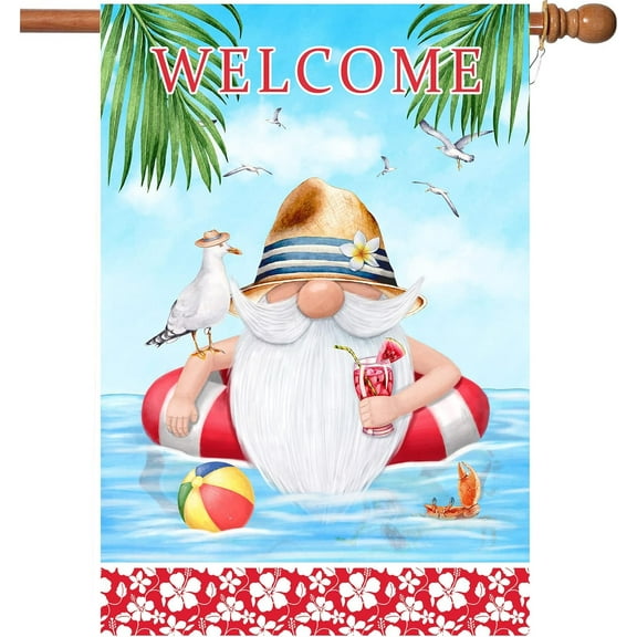 Large Summer Flag,28x40 Inch Hello Summer House Flags with Two Grommets Double Sided Printing 2 Layer Burlap Welcome Summer Garden Flag for Your Summertime Decoration