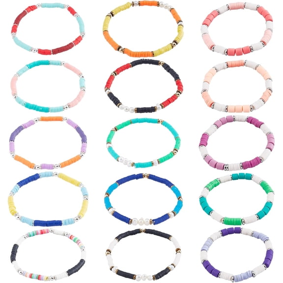 Heishi Bracelet 15 Styles Pearl Silver Spacer Beads Polymer Clay Beaded Stretch Bracelet Stackable Bohemia Bracelet Rainbow Colors