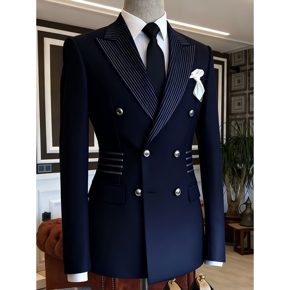 Men's Navy Blue Pinstripe Lapel Double-Breasted Blazer, Slim Fit Formal Suit Jacket with Silver Buttons for Business, Weddings & Events