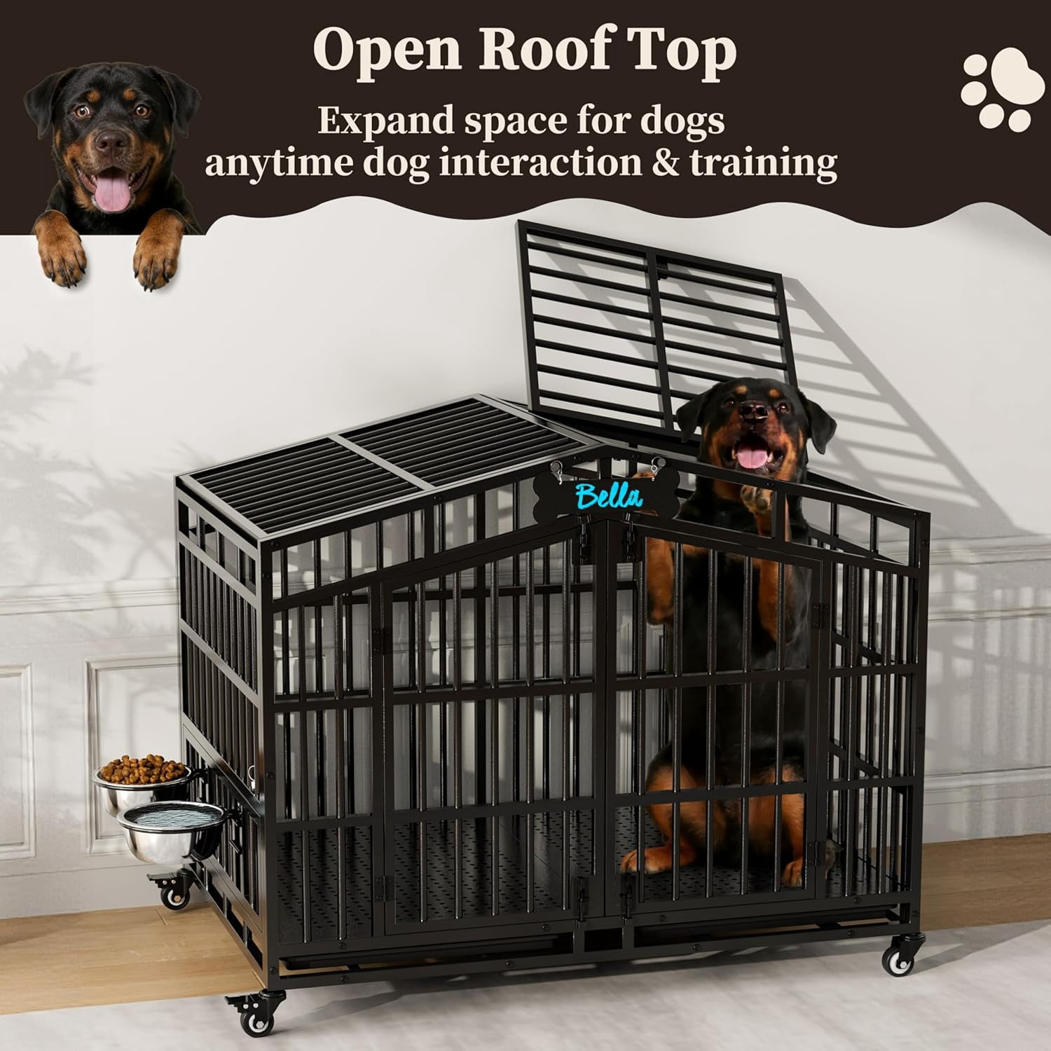 POAO 41"Heavy Duty Indestructible Dog Crate, Escape Proof Kennel for High Anxiety Large Dog, Extra Large Steel Dog Cage with Wheels