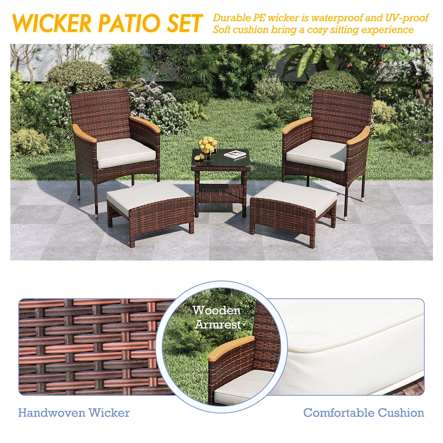 5 Piece Outdoor Patio Furniture Set with Table&Ottoman Outdoor Furniture Patio Set Bistro Wicker Patio Set (Brown Wicker&Khaki Cushion)