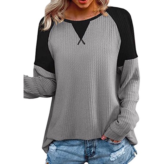 Lightweight Sweatshirt for Women's Casual Crew Neck Pullover Tops Colorblock Soft Waffle Knit Shirts Long Sleeve Tunic Top
