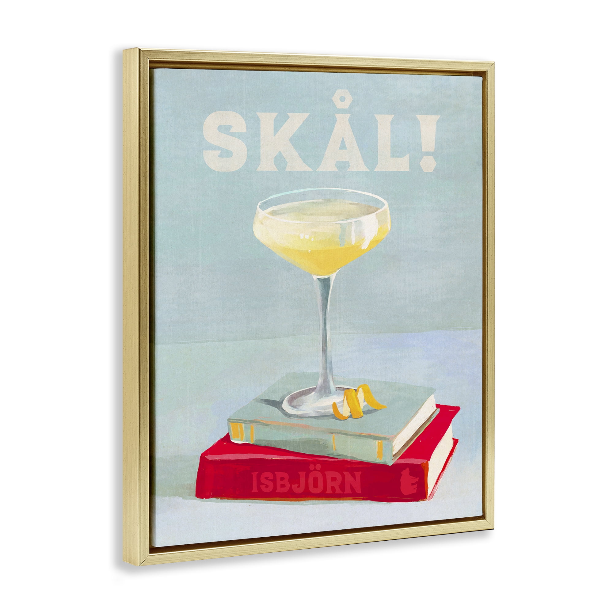 Stupell Industries Skal Cocktail & Bookstack Food & Beverage Painting Gold Floater Framed Canvas Art Print Wall Art, 17 x 21