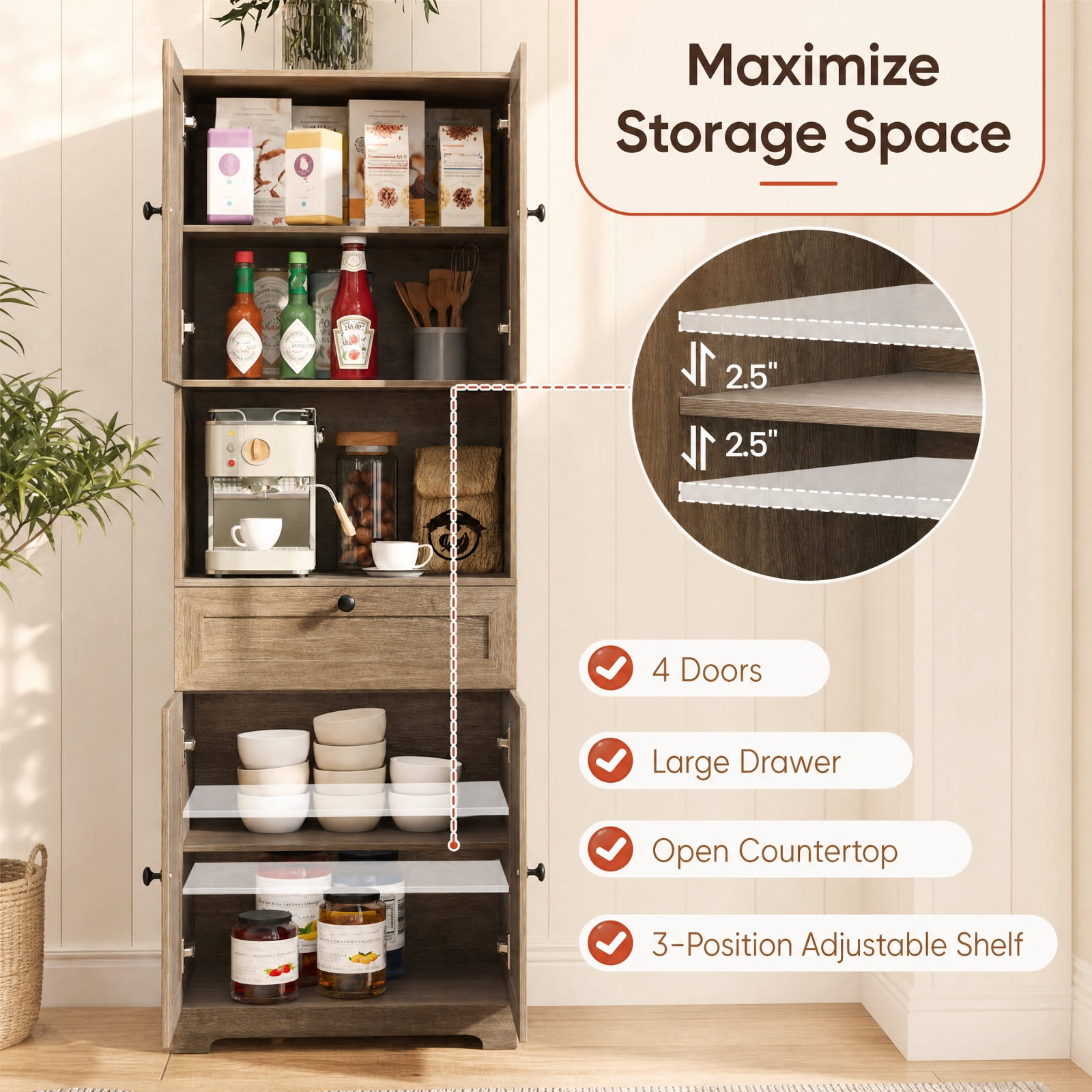 Furnibear 67.5 Inch Tall Modern Freestanding Floor Storage Cabinet with 4 Doors and 1 Drawer for Living Room Bedroom Entryway Hallway Storage, Oak