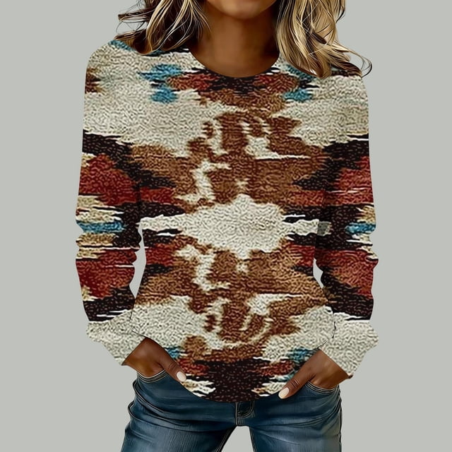 TaTaai Ladies Retro Western Fashion Print Round Neck Regular Shoulder Long Sleeve Sweatshirt Casual Loose Soft Top for Daily Streetwear Office Gift