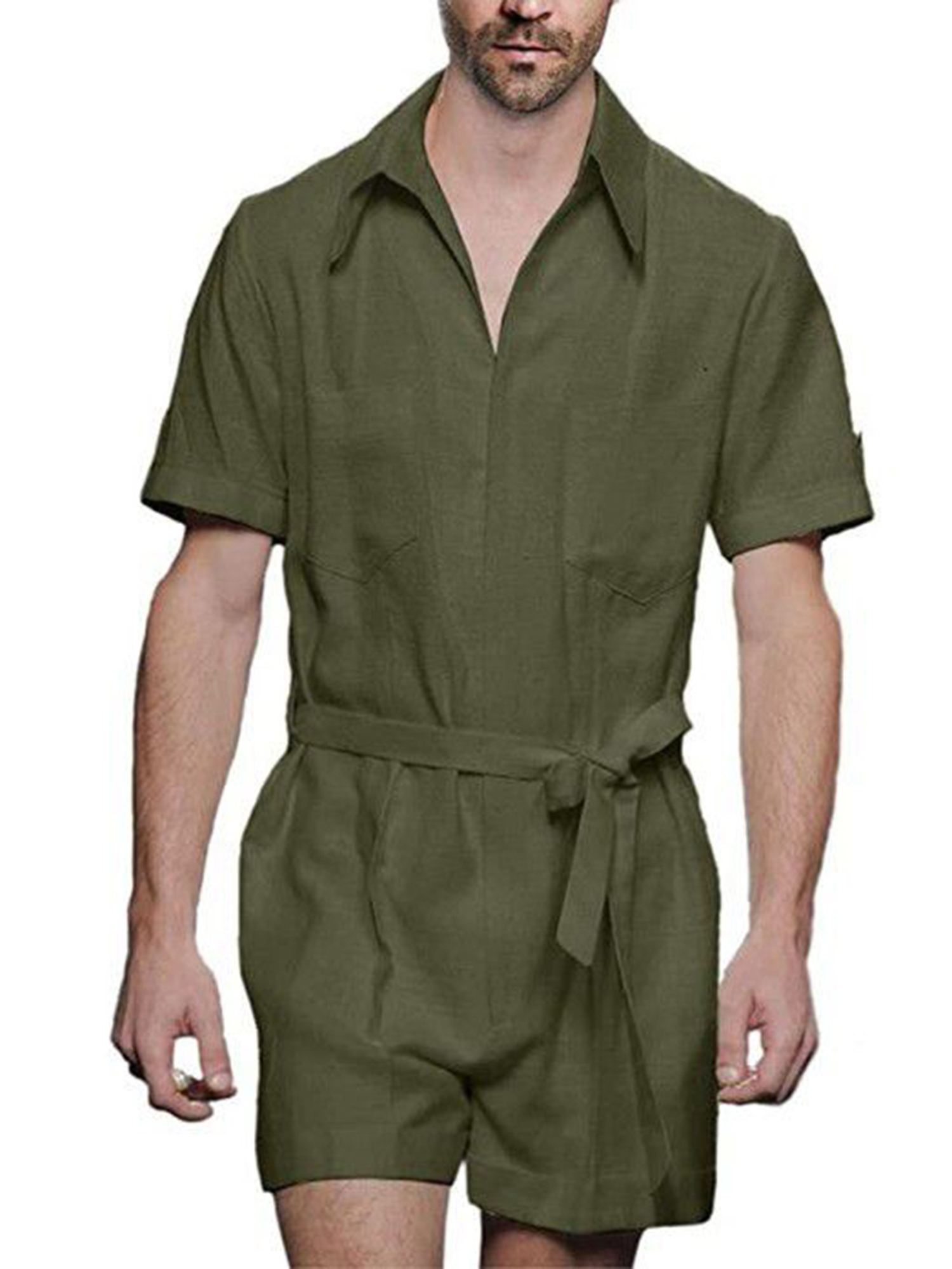 Mens Zip Cotton Linen Lapel Short 