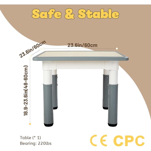 Adjustable Kids Table, 3-Level Height for Ages 3-8, Easy to Wipe Arts & Crafts Toddler Table for Classrooms/Daycares/Homes, CPC & CE Approved, 23.6 x 23.6 Inches - Grey