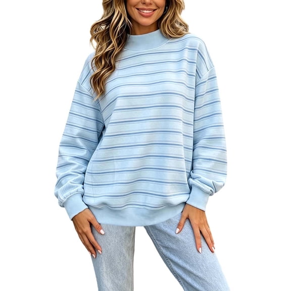 Horkkom Mock Neck Sweatshirt Loose Striped Print Pullover Sweatshirt for Women Soft Trendy Sweatshirt L