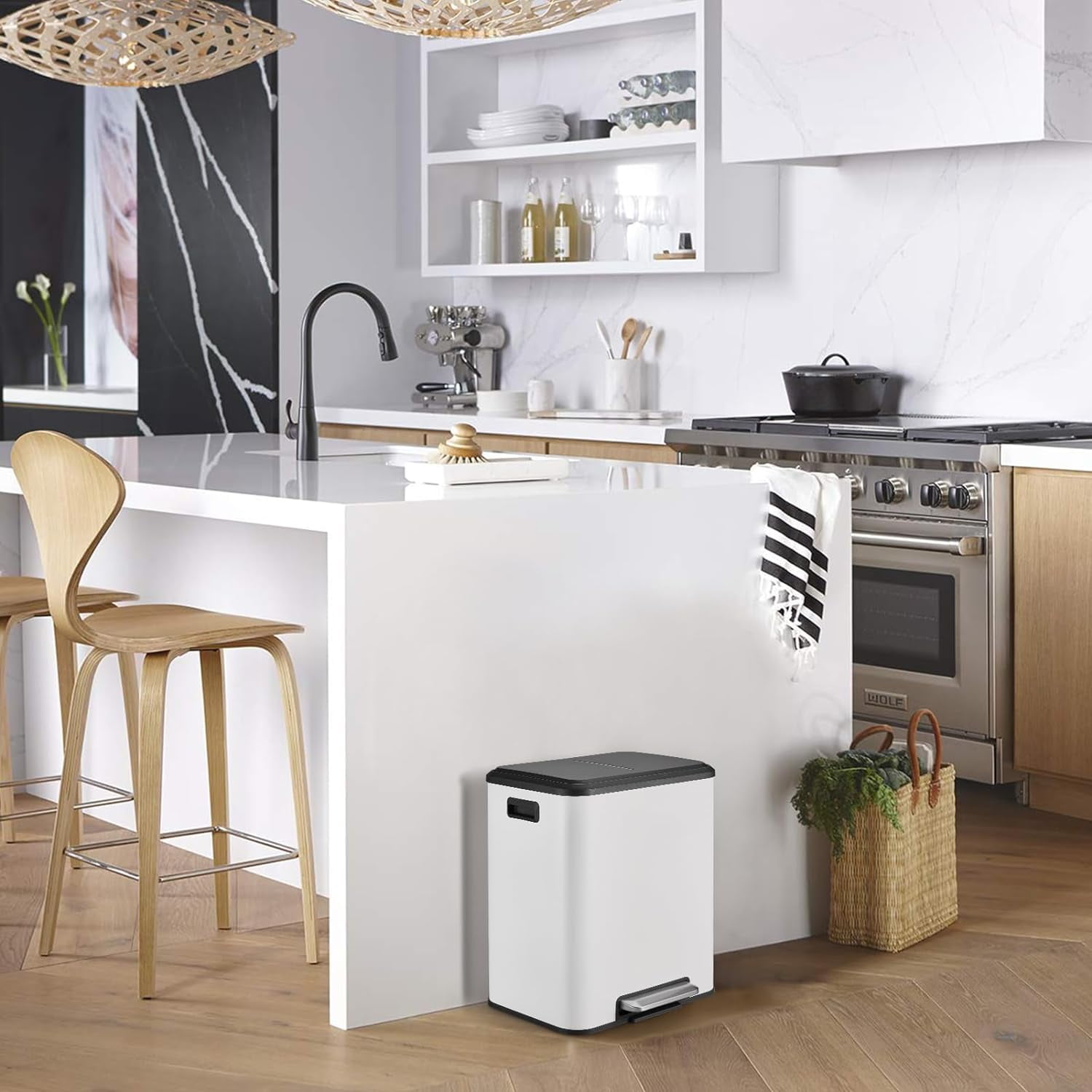 30L Dual Trash Can, 2 x 4 Gallon Stainless Steel Kitchen Trash Can with Lid and Foot Pedal, Double Compartment Garbage Can with Recycling Bin