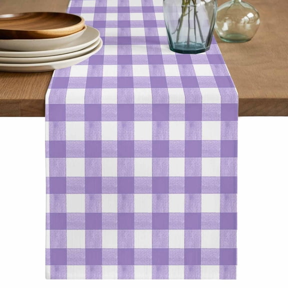 Purple Checkered Table Runner, Farmhouse Classic Cotton Linen Kitchen Table Decoration Washable Dining Tabletop Runners for Home Party Decor 13x36 Inches