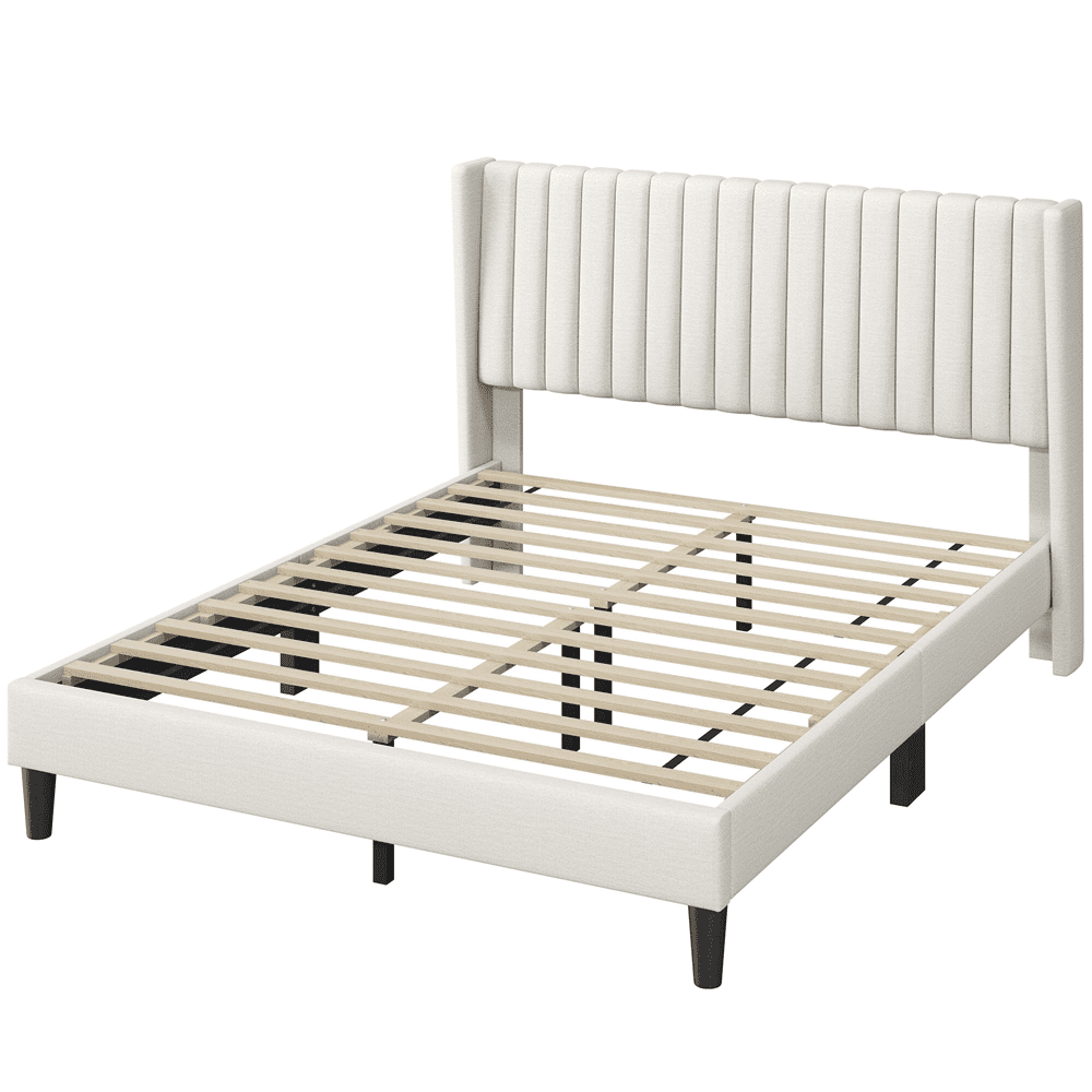 Renwick Queen Upholstered Platform Bed Frame with Channel Tufted Headboard, Ivory