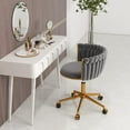 thumbnail image 3 of ABET Vanity Chair with Wheels, Small Velvet Office Desk Chair, Hand Woven Semi-Circle Makeup Stools for Girls Women Bedroom Nail Table, 360° Swivel & Height Adjustable Gold Base Armchair, Light Grey, 3 of 18