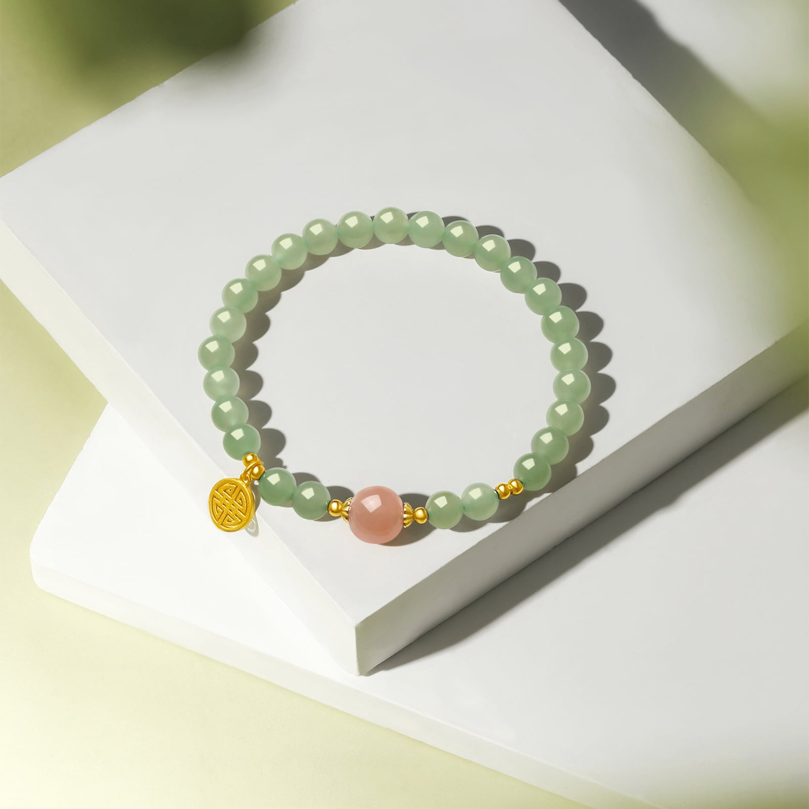 ZHOU LIU FU Jade Beaded Bracelet 925 Sterling Silver Blessing Fu Charm - Green Gemstone Sunstone Jewelry for Women 7.5"